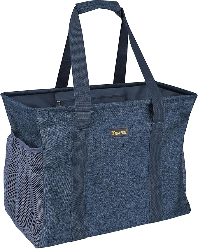BALEINE Extra Large Utility Tote Bag with Reinforced Wire Frame, Reusable Grocery Bag for Shopping, Picnic (Blue, 16.5''x14''x10'')