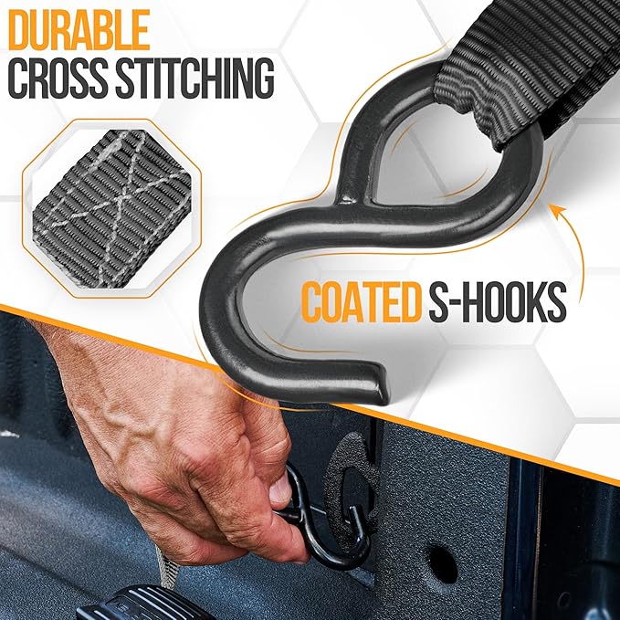 FORTEM Ratchet Straps, Tie Down Strap Set 1650lb Break Strength, 4 Pack 15ft x 1in, 4 Soft Loops, Moving Straps Tie Downs, Cargo Cam Buckles for Trucks, Carry Bag, for Men