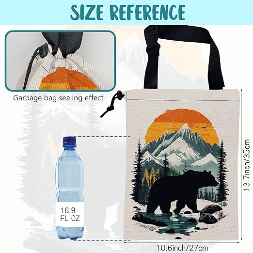 Black Bear Car Garbage Bag Mountain Orange Sunset Drawstring Car Trash Bag Hanging for Back Seat with Adjustable Buckle Canvas Vehicle Trash Can Easy-to-Install