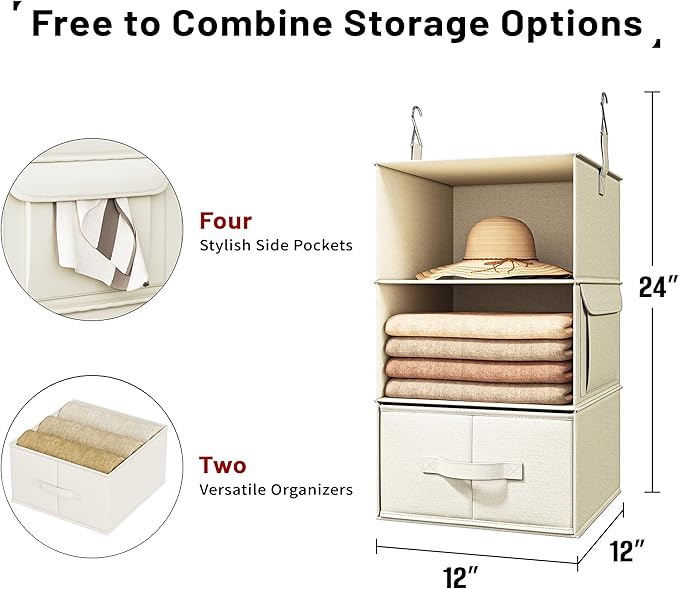 Vailando 3-Shelf Hanging Closet Organizer, Set of 2 Hanging Shelves with 2 Drawers for Wardrobe, Nursery, Baby Clothes Storag
