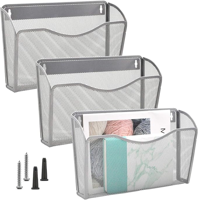 EASEPRES 3 Single Pocket Mesh Hanging File Organizer, Vertical Wall Mounted Magazine File Holder, Mount Basket Mail Paper Doc