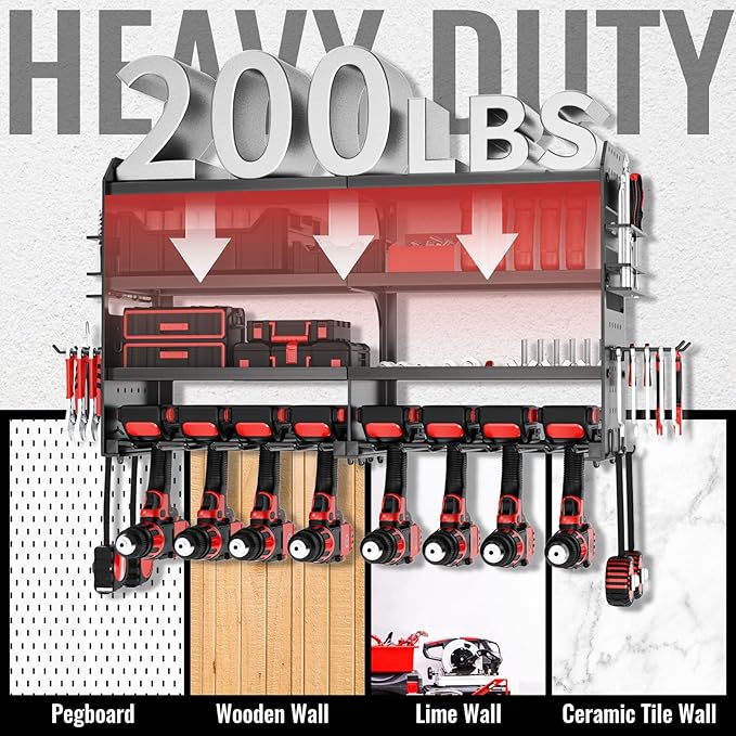 Power Tool Organizer Wall Mount, Metal 4 Layer Heavy Duty Metal Power Tool Storage Rack, Garage Drills Storage Shelves with S