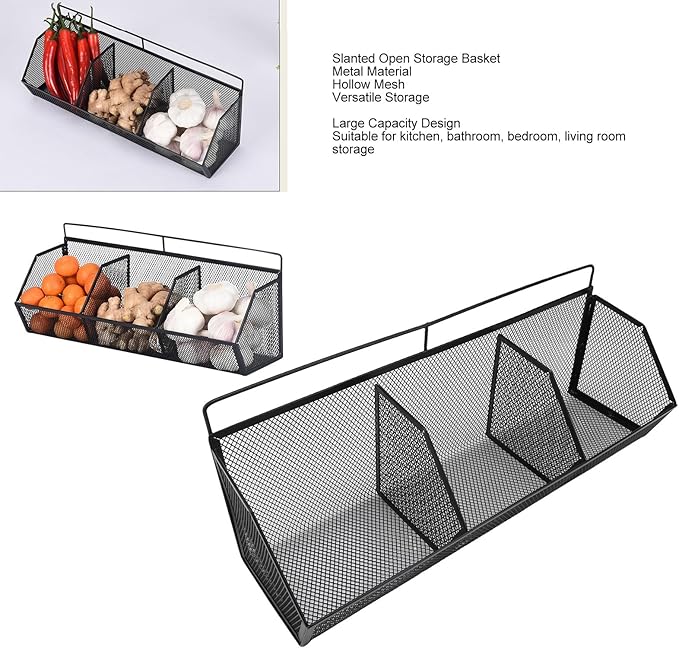 Metal Wire Basket, 3 Grids Wall Hanging Baskets, Wall Mount Slanted Opening Storage Organizer for Kitchen Bathroom Laundry Ro