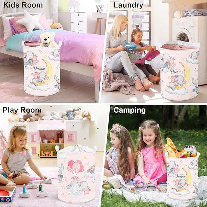 Clastyle Sleeping Elephant Kid Laundry Basket Pink Baby Girls Clothes Hamper for Nursery Collapsible Star Moon Towel Toy Stor