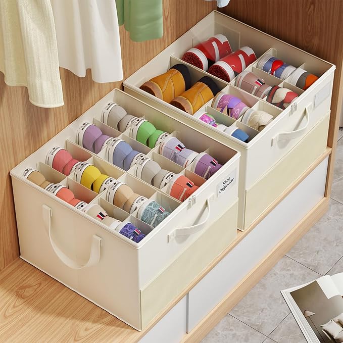 NestOrganix 2 Pack Shoe Organizer for Closet, Large Shoe Box Storage Containers, Foldable Shoe Storage Organizer Box Bin with