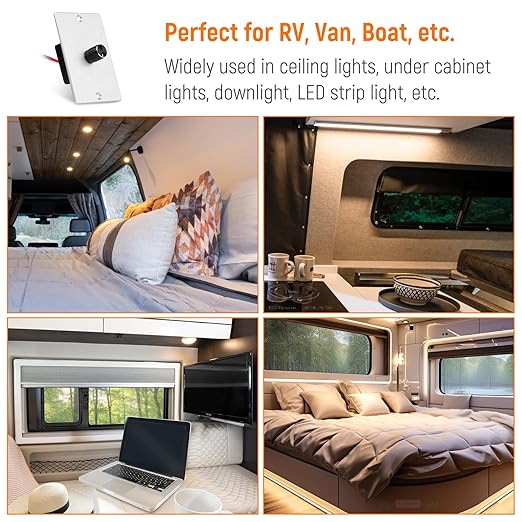 12 Volt PWM LED Dimmer Switch 15A 180W, Push On Off, Rotary Knob Dimming,12V 24V Light Dimmer for RV Boat Truck Camper Van Trailer Light Fixtures, LED Strip Lights (Silver Panel)