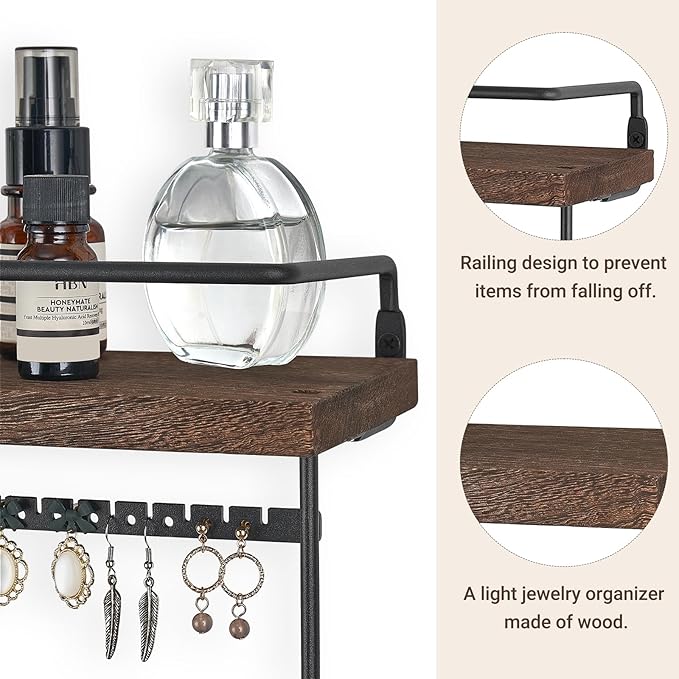 Mkono Hanging Jewelry Organizer Wall Mounted Jewelry Organizer Necklace Holder with Rustic Wood Shelf, Ring Display Box, Ear 