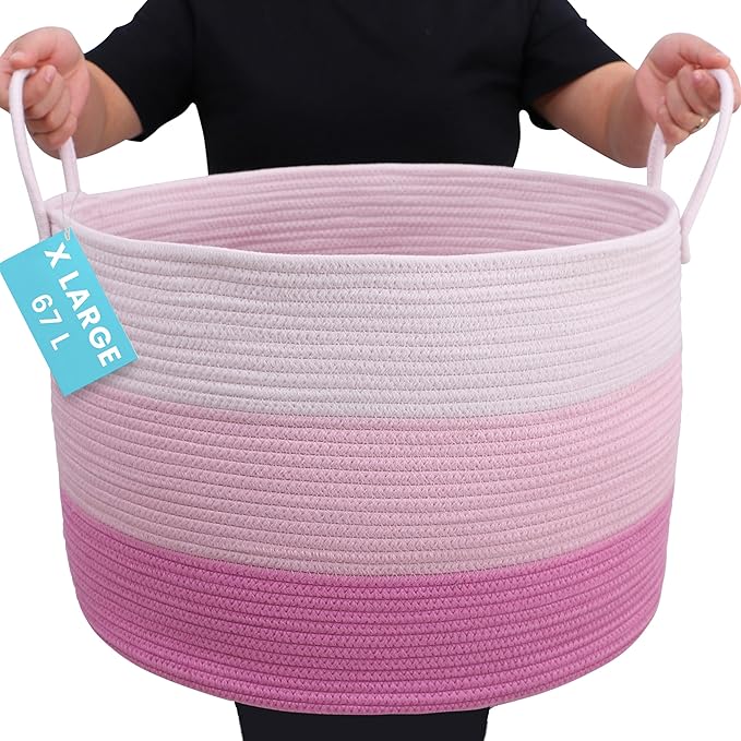 OrganiHaus Large Woven Storage Basket for Blankets and Toys 20" x 13" Inch, Rope Laundry Basket with Handles, Cushions & Pill