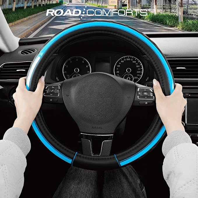 Road Comforts Leather Steering Wheel Cover – Black & Blue, Universal Fit 14.5-15 Inch, Microfiber Leather, Anti-Slip & Breath