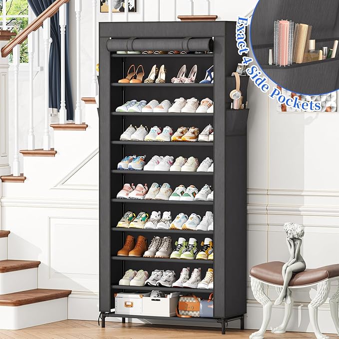 Simple Trending Tall Shoe Rack Organizer Holds 40 Pairs, 10 Tier Large Capacity Shoe Cabinet Storage with Cover for Closet, B