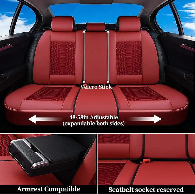 Coverado Car Seat Covers Full Set, Red Seat Covers for Cars 5 Seats, Breathable Fabric& Faux Leather Car Seat Cushions, Front