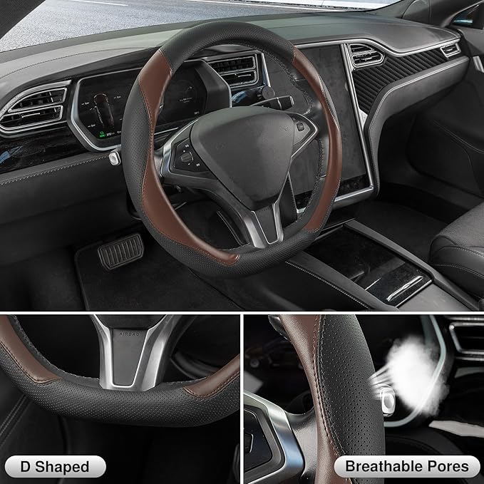 SEG Direct D Shaped Steering Wheel Cover, Flat Bottom Car Wheel Cover 14 1/2-15 in. (37-39 cm), Black and Mocha Brown Microfi