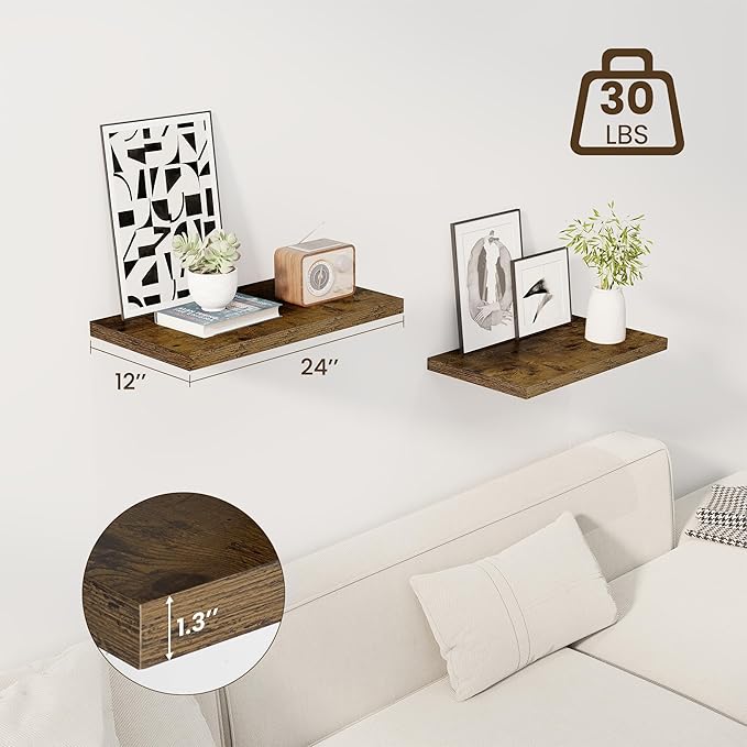 Dreamland 24" Floating Shelves for Wall, 12" Deep Slim Rustic Brown Floating Shelves, Wall-Mounted Shelves for Bedroom, Livin