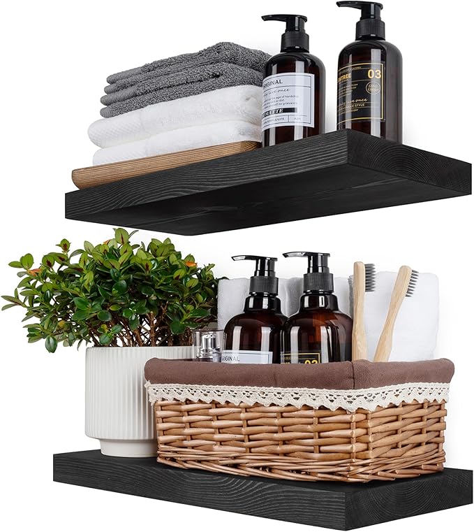 BGMG Wood Floating Shelves 18 inch,Black Floating Shelves,Solid Wood Wall Shelves for Bathroom Living Room Bedroom Kitchen Fa