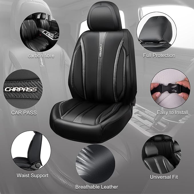 CAR PASS Nappa Leather Car Seat Covers Full Set & Carbon Fiber, Waterproof and Durable All Weather Protector, Universal Fit f