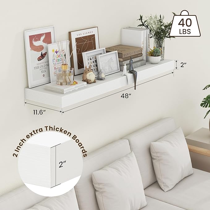 48 Inch White Floating Shelf | 12 Inch Deep Floating Shelves Set of 1 | 48" D x 12" D Rustic Wood Shelves for Wall | Deep Whi