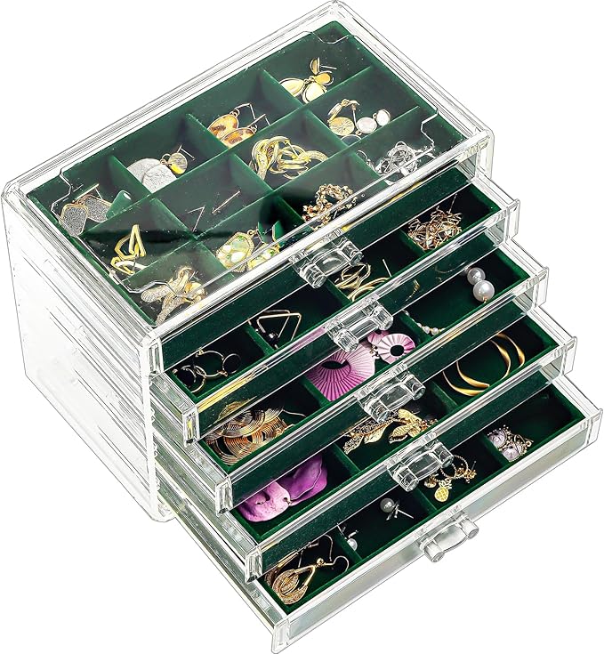 ProCase Earring Holder Organizer Jewelry Box with 5 Drawers, Acrylic Clear Earring Case with Adjustable Velvet Trays for Wome