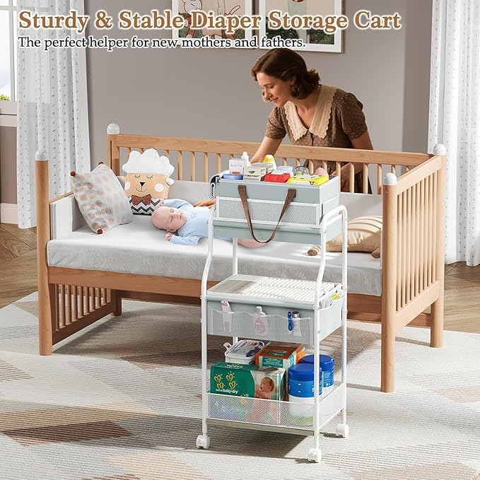 2In1 Baby Diaper Caddy & 3-Tier Rolling Diaper Cart, Diaper Caddy Organizer Cart with Dividers & 12 Pockets, Nursery Bedside 