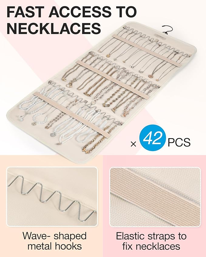 BAGSMART Hanging Jewelry Organizer Storage Roll with Hanger Metal Hooks Double-Sided Jewelry Holder for Earrings, Necklaces, 