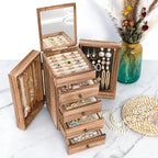 Meangood Jewelry Box Wood for Women, 5-Layer Large Organizer Box with Mirror & 4 Drawers for Rings, Earrings, Necklaces, Vint