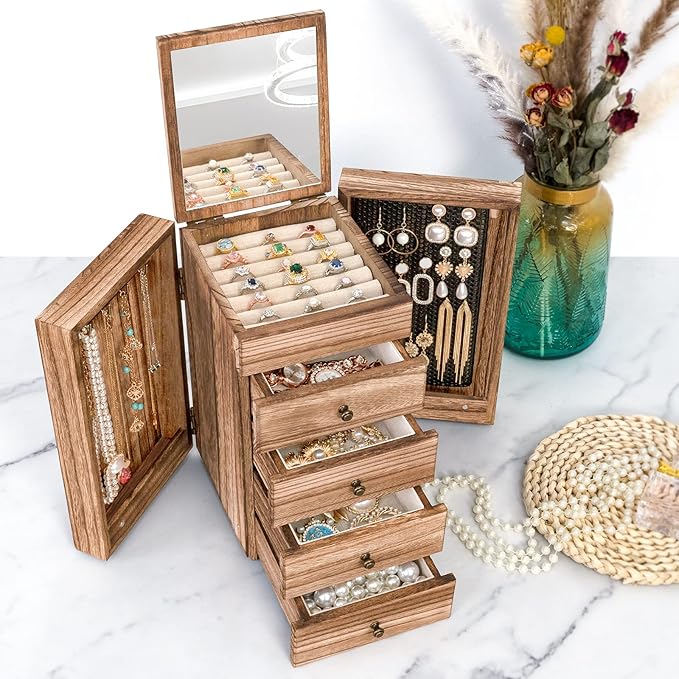 Meangood Jewelry Box Wood for Women, 5-Layer Large Organizer Box with Mirror & 4 Drawers for Rings, Earrings, Necklaces, Vint