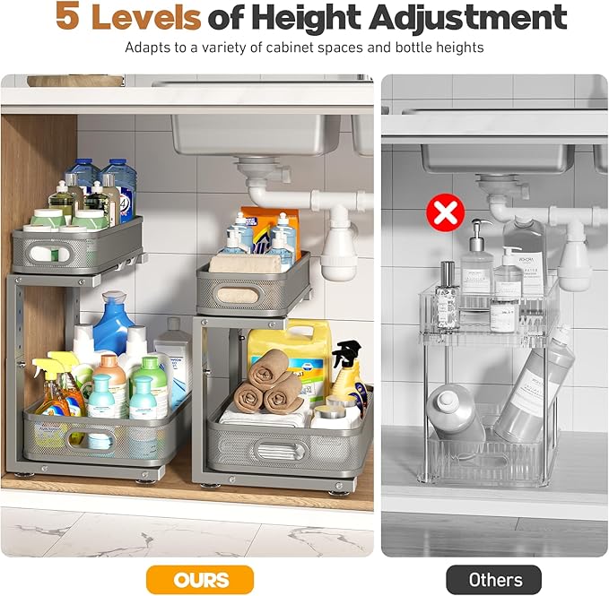 2 Pack 19.3IN-Depth Under Sink Organizer with Smooth Cylindrical Rail,2-Tier Pull Out Multi-Purpose Cabinet Storage for Bathr