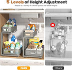 2 Pack 15.7IN-Depth Under Sink Organizer With Smooth Cylindrical Rail,2-Tier Pull Out Multi-Purpose Cabinet Storage for Bathr