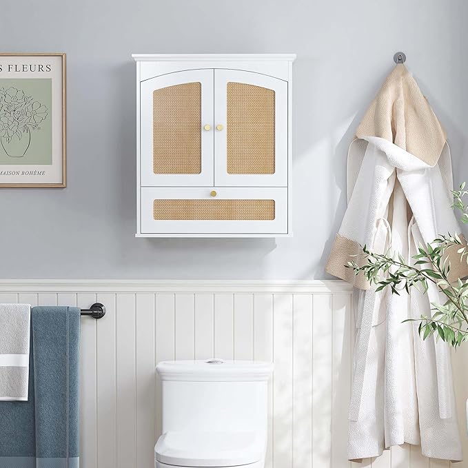 Spirich Bathroom Cabinet Wall Mount, Boho Medicine Cabinet for Bathroom, Over The Toilet Storage Cabinet with Rattan Doors an