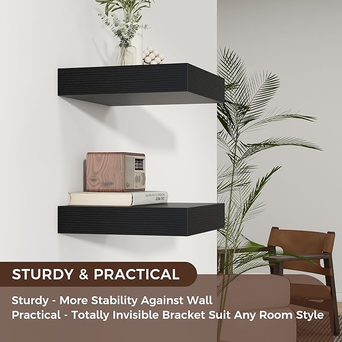 Square Floating Shelves for Wall, 12" W x 12" D x 2" H, 2 Pack of Small Wall Mounted Engineered Wood Shelves with Invisible B