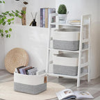 COMFY-HOMI 3-Pack Cotton Rope Woven Rectangular Basket with Handles for Organizing, 13.5" x 11" x 9.5", White/Grey