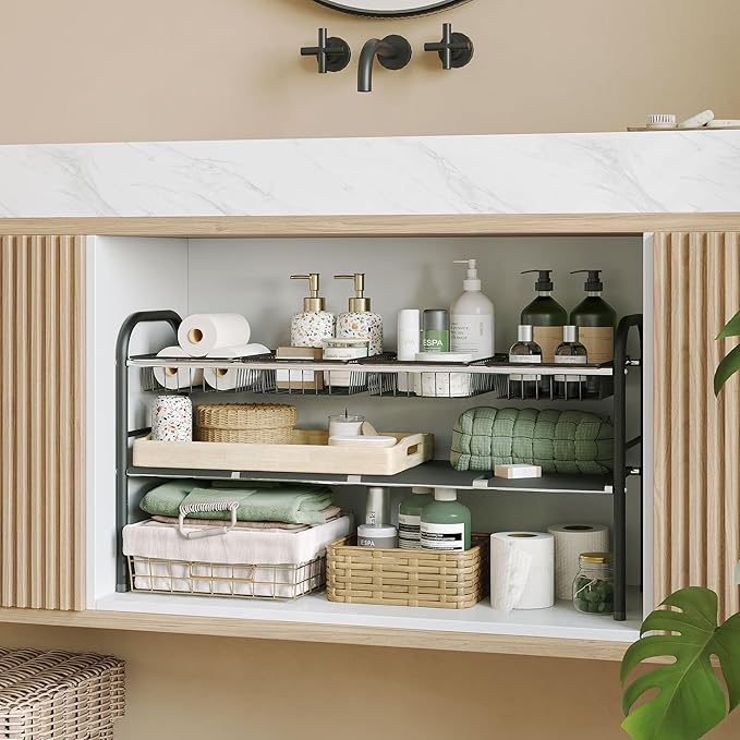 NETEL Under Sink Organizers and Storage, 2 Tier Expandable Under Cabinet Organizer Shelf with 4 Baskets and 4 Panels, Expanda