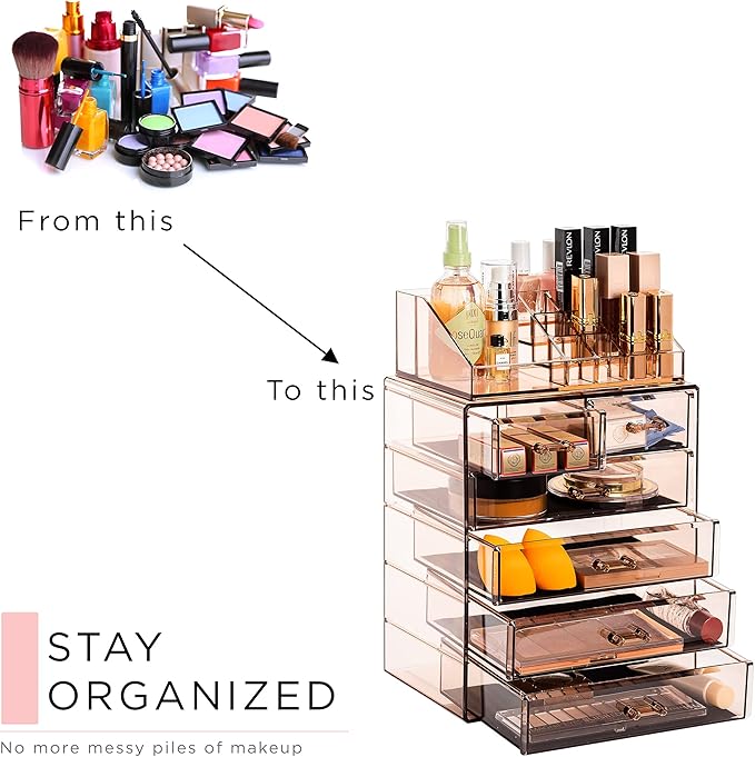 Sorbus Acrylic Makeup Organizer Set, 6-Drawer Vanity & Countertop Cosmetic Storage with Small & Wide Compartments, Bronze Glo