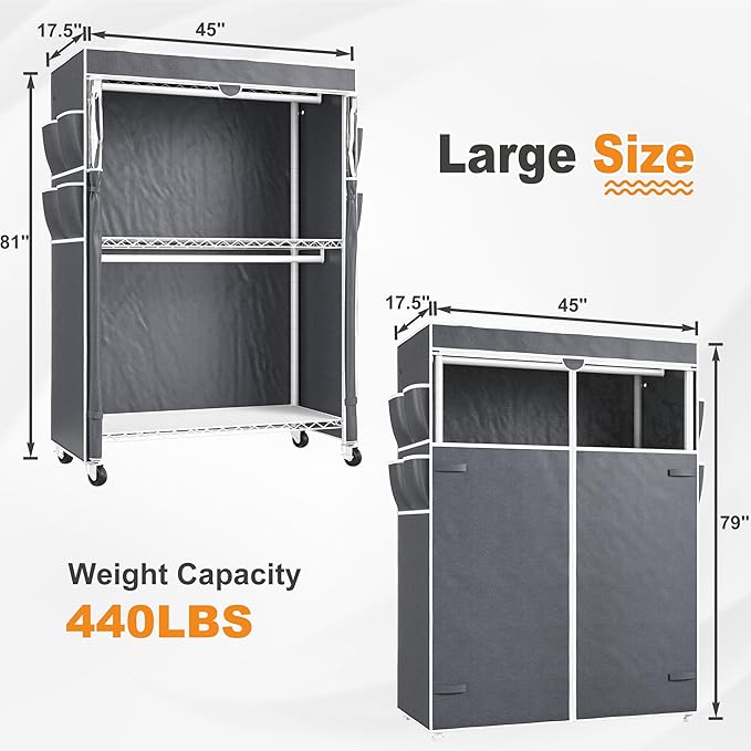 Raybee Clothes Rack with Cover, 45" W Heavy Duty Clothing Racks for Hanging Clothes, Portable Closet with Adjustable Shelves 