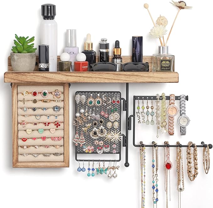 SOLIMINTR Hanging Jewelry Organizer Wall Mount with Rustic Wood Shelf, Ring Display Box, Ear Studs Earring Holder, Rotating N