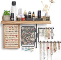 SOLIMINTR Hanging Jewelry Organizer Wall Mount with Rustic Wood Shelf, Ring Display Box, Ear Studs Earring Holder, Rotating N