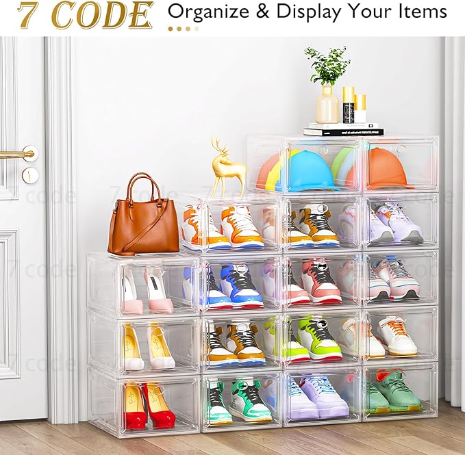 Thickened Clear Shoe Storage Organizer with Magnetic Door, Sturdy Stackable Shoe Boxes for Closet, Collapsible Space-Saving S