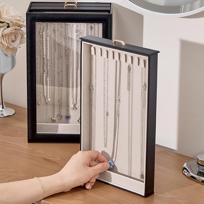 Lolalet Necklace Organizer Box, Jewelry Storage Box with Clear Window for Necklaces Bracelets, Tangle-Free Necklace Display C