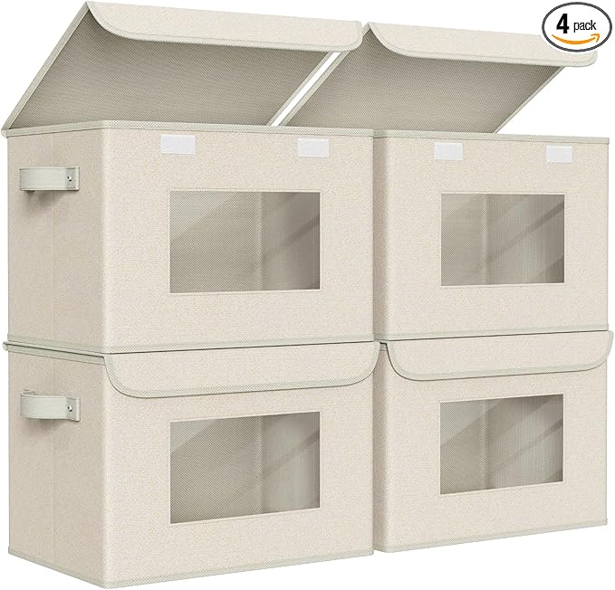 Univivi Collapsible Stackable Storage Bins with Lids [4-Pack] Foldable Fabric Closet Organizer Basket, Closet Organizers and 
