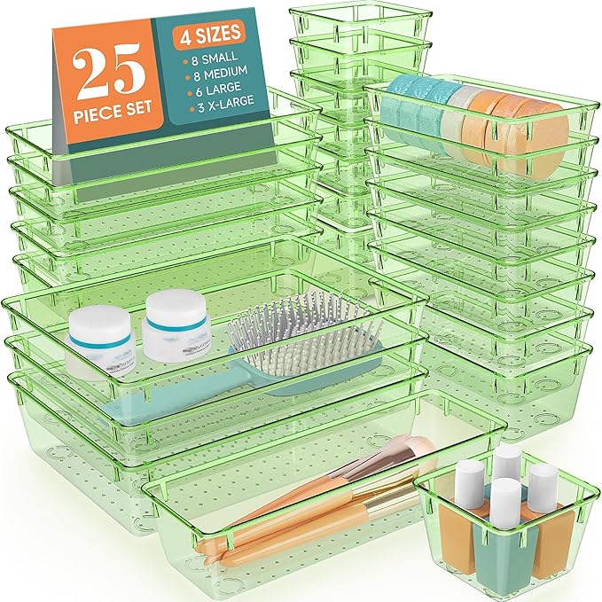 WOWBOX 25 PCS Plastic Drawer Organizer Set, 4 Sizes Desk Drawer Divider Organizers and Storage Bins for Makeup, Jewelry, Gadg