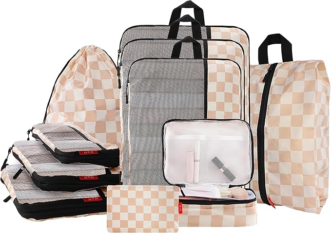 U+U 10 Set Compression Packing Cubes - Ultralight Travel Organizers with Laundry Bag and Cosmetic Bag, Space-Saving Suitcase 