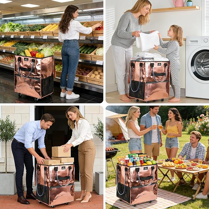Reusable Grocery Bag On Wheels, Foldable Shopping Trolley with Enhanced Stability Wheels, Water Resistant, 6 Pockets & 3-Way Carry for Outdoor, Camping, Small, Rose Gold