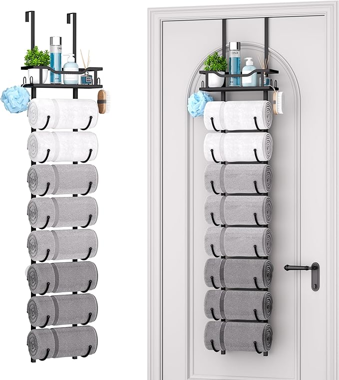 SWTYMIKI Over The Door Towel Rack - 9 Tier Towel Racks for Bathroom Wall Mounted, Towel Holder with Shelf, Hanging Rolled Tow