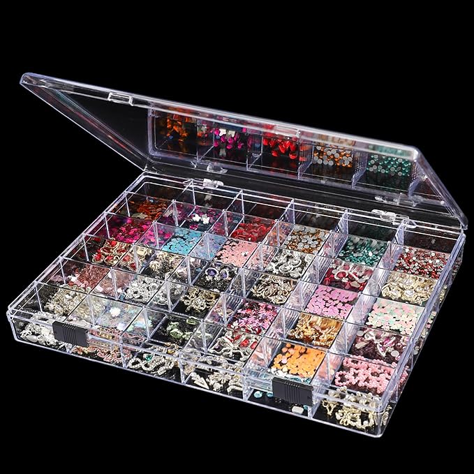 Noverlife 36 Grids Clear Plastic Jewelry Organizer Box, Nail Charm Holder Double Buckle Bead Organizer Storage Container Box,