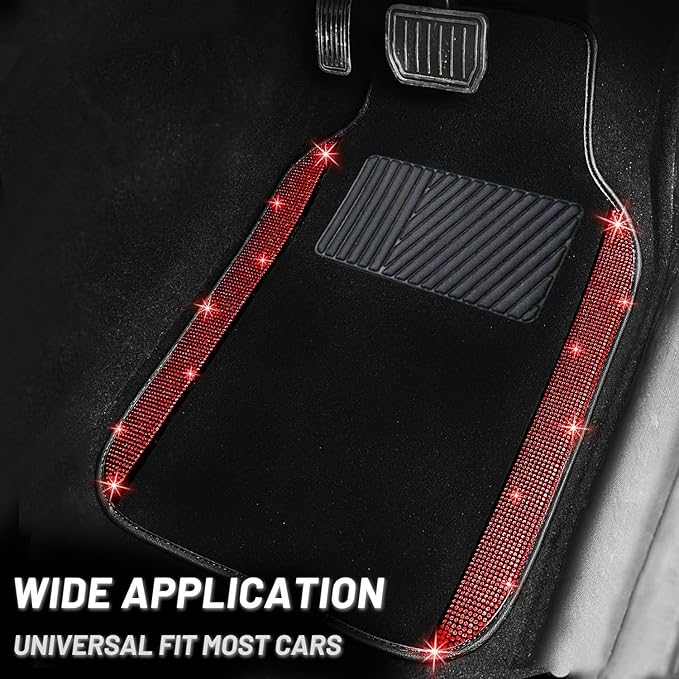 NBTEPEM Bling Car Floor Mats Full Set and Steering Wheel Cover, Universal Fit Most Cars, 4 pcs Sparkle Glitter Diamond Carpet, 5 pcs Bling Car Accessories Set for Women (Red Diamond)