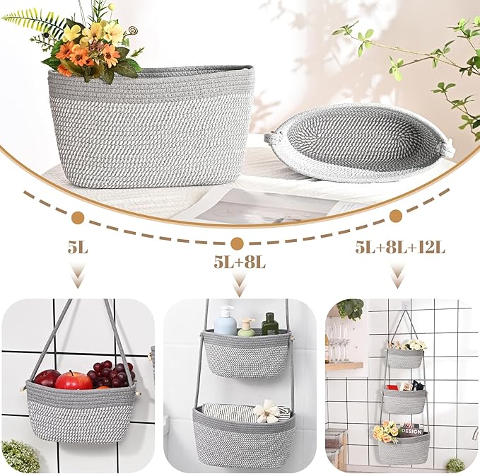 Hanging Storage Baskets, Over the Door Basket, Cotton Wall Baskets Storage, Hanging Door Basket with 4 Hooks