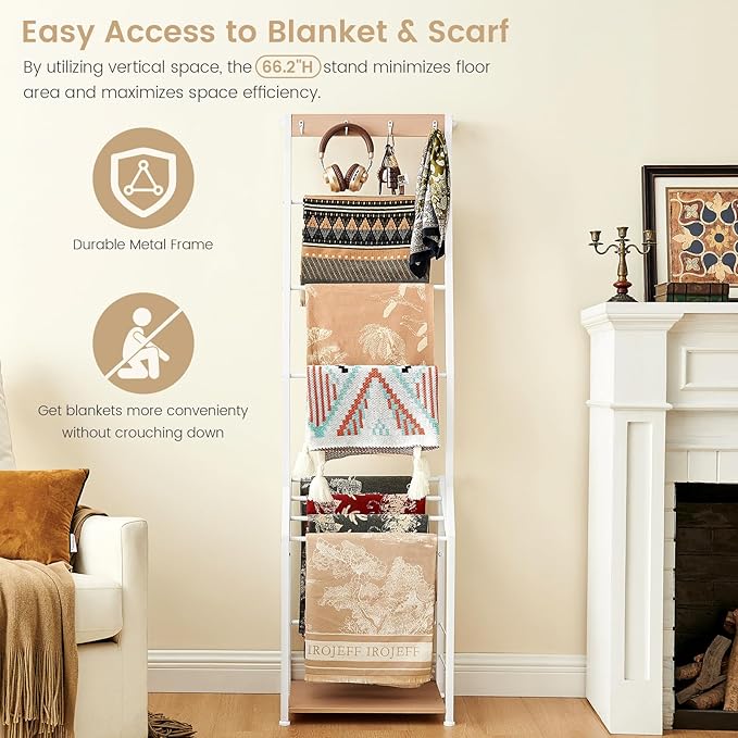 Pinzoveco Blanket Ladder, 7 Tier Blanket Ladders for The Living Room,Wooden Ladder Shelf with Hooks, 5.5ft Blanket Holder Rac