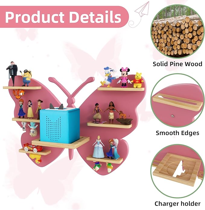 Pink Butterfly Tonie Shelf Wall Mounted - Tonies Wall Shelf for Toniebox, Charging Station, Magnetic Wood Display Floating Sh