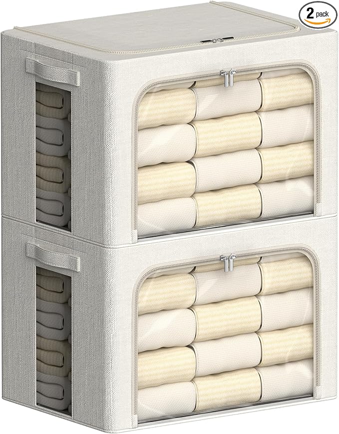 FHSQX 2 Pack Clear Window Storage Bins Large Stackable Linen Fabric Storage for Clothes Foldable Container Organizer Set with