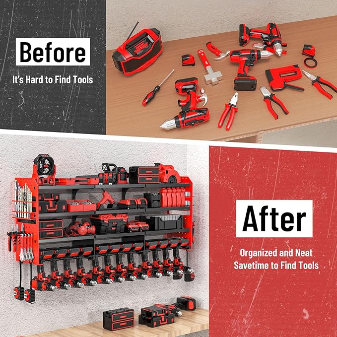 Large Power Tool Organizer Wall Mount-12 Drill Holder, Metal Heavy Duty Garage Tool Storage Shelves with Screwdriver Plier Ho