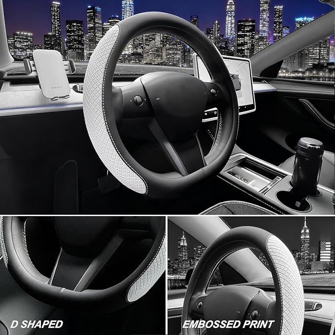 SEG Direct Flat Bottom Steering Wheel Cover, D Shaped Car Wheel Cover 14 1/2-15 in. (37-39 cm), Black White Embossed Microfib